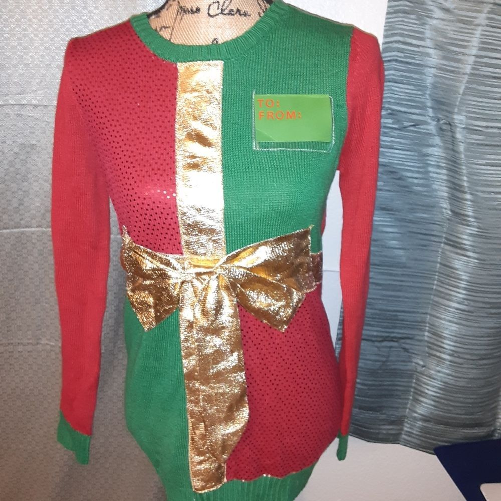 Joyland Small Red and Green Ugly Xmas Sweater with Gold Accents NWT